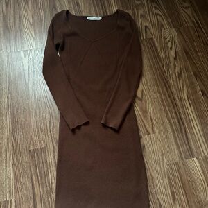 Altar'd State Long Sleeve Ribbed Sweater Dress in Brown